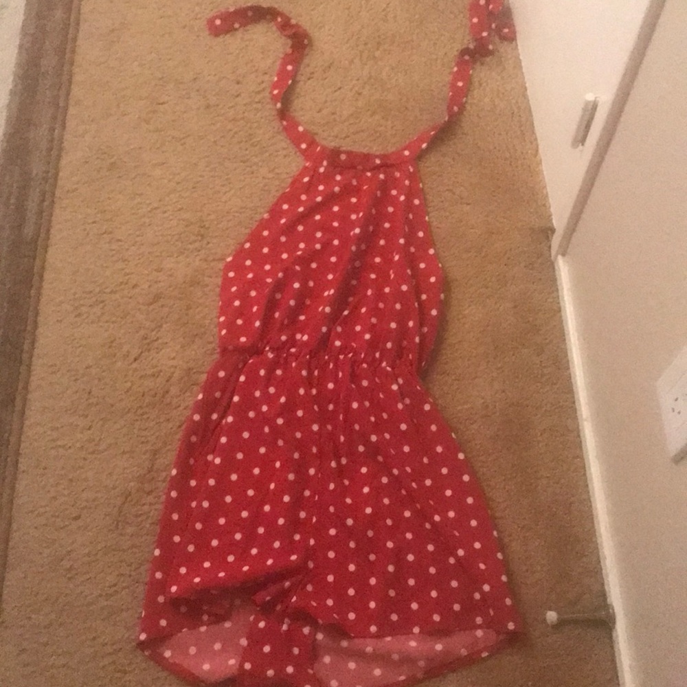 Red with white polka dot romper